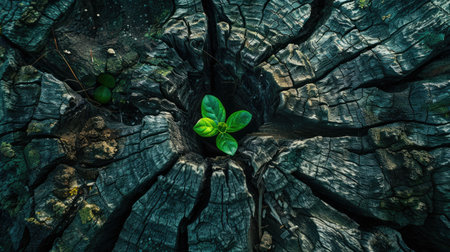 New growth emerging from the heart of a decayed tree trunk, representing regeneration and environmental resilience.の素材