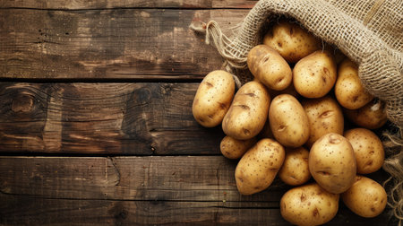 Farm-fresh potatoes spilling out of a weathered sack onto a rustic wooden surface, providing ample space for conveying your message.の素材