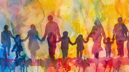 Artistic unity: Abstract watercolor scene with the silhouettes of parents and children walking away, evoking a sense of family and connectionの素材