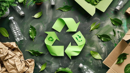 Iconic green recycling logo featuring a variety of recyclable materials such as paper, glass, and plastic, advocating for a greener planetの素材