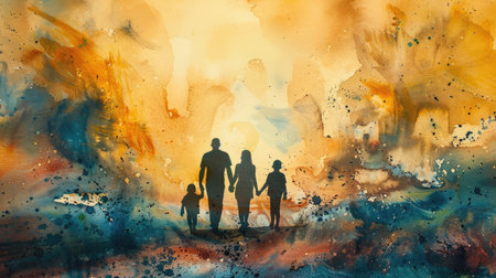 Family silhouette: Parents and children walking away in a beautifully abstract watercolor art concept, highlighting family bondsの素材