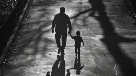 Silhouette of father and son walking hand in hand, their shadows stretching along the path of life's journeyの素材