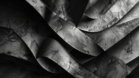 Dynamic composition of layered shapes and textures in monochrome, creating a captivating abstract visual.の素材