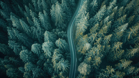 Aerial view of a winding road through a forest with space for textの素材