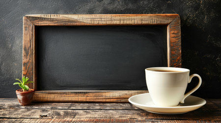 Blank chalkboard with a coffee cup on a rustic tableの素材