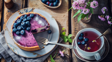 Blueberry cheesecake served on a rustic wooden table, accompanied by a cup of tea and a bouquet of flowers.の素材