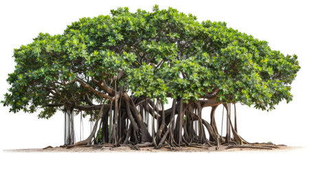 Graceful banyan tree with prominent aerial roots forming intricate patterns, isolated on a white background.の素材