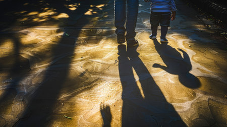 Father and son's shadows intertwined as they walk side by side, reflecting the journey of parenthoodの素材