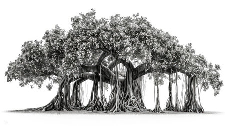 Banyan tree with its iconic aerial roots, creating an enchanting and detailed image on a white background.の素材