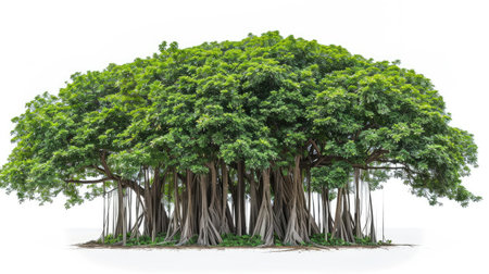 Captivating banyan tree with its distinctive aerial roots, set against a clean white background.の素材
