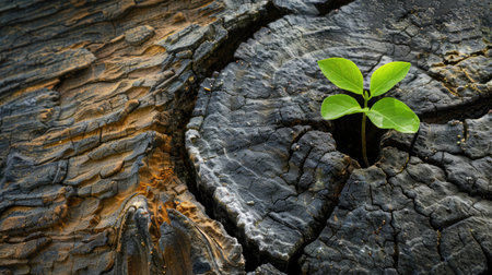 Sapling sprouting from the interior of a dead tree trunk, symbolizing the continuity of life in natureの素材