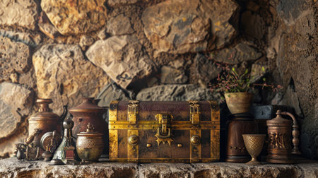 Treasure chest surrounded by ancient artifacts, set against a stone wall background with room for text on the left.の素材