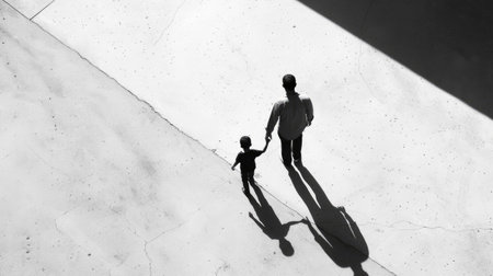 Father and son's shadows connected as they walk together, representing the bond that transcends generationsの素材