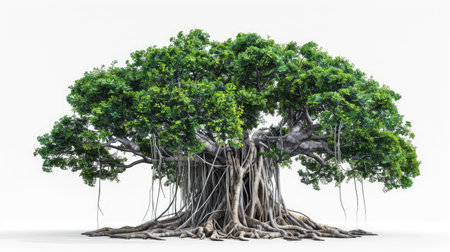 Banyan tree with its iconic aerial roots, creating an enchanting and detailed image on a white background.の素材
