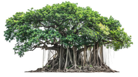 Impressive banyan tree with lush foliage and aerial roots, perfectly isolated on a white background.の素材