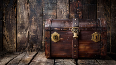 A treasure chest with a padlock, resting on a wooden floor with an empty background for text on the rightの素材