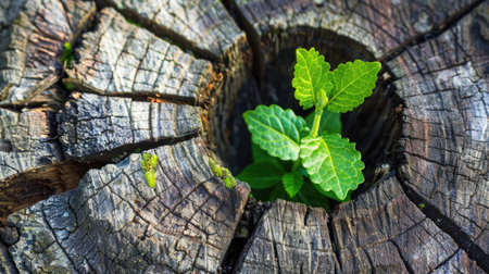 Fresh green sapling sprouting from the center of a dead tree trunk, representing hope and regeneration.の素材