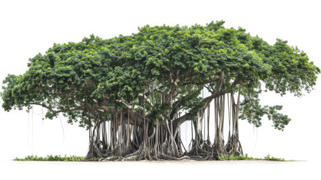 Majestic banyan tree with intricate aerial roots gracefully hanging, isolated on a pristine white background.の素材