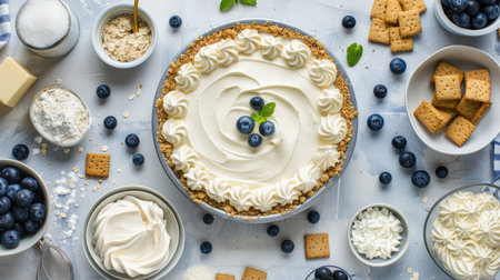 A blueberry cheesecake in the making, with ingredients like cream cheese, blueberries, and graham crackers laid out around itの素材