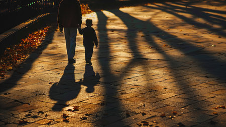 Shadow of father and son walking together, illustrating the importance of guidance and mentorship in family ties.の素材