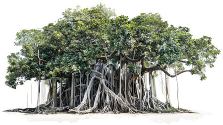Magnificent banyan tree with extensive aerial roots, artistically isolated on a white background.の素材