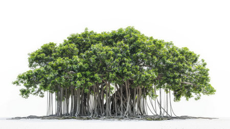 Charming banyan tree with cascading aerial roots, standing out vividly against a pure white background.の素材