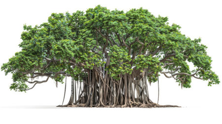 Stunning banyan tree with sprawling branches and dense aerial roots, beautifully isolated on a white backgroundの素材