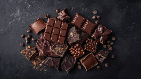 Assorted dark chocolate pieces on a dark background, emphasizing the luxurious and indulgent nature of the treatの素材