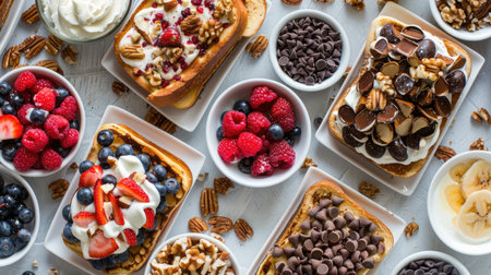 French toasts arranged on a platter with a variety of toppings like berries, nuts, and chocolate chips.の素材