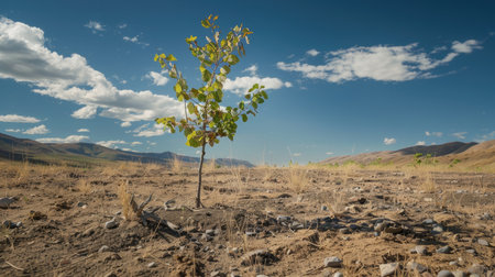 Young tree thriving in arid, barren soil with animal bones nearby, highlighting nature's endurance and tenacity.の素材