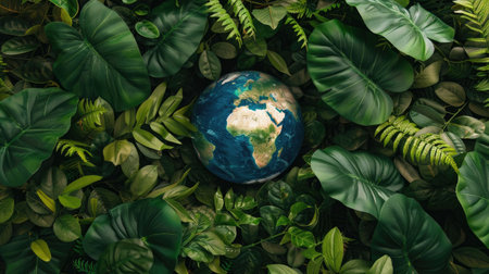 Earth globe surrounded by lush green leaves, signifying global environmental protection and care.の素材
