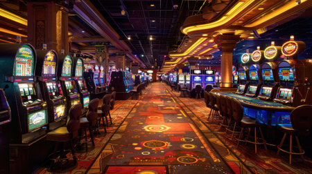 Spacious empty casino floor, with rows of gaming machines and poker tables but no playersの素材