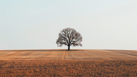 Lone tree standing against the horizon in an empty field, embodying resilience and steadfastness in the face of solitude.の素材