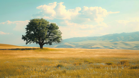 Impressive tree standing alone in a vast expanse of grassland, symbolizing solitude and timeless natural elegance.の素材