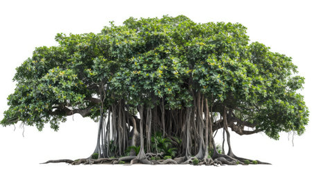Magnificent banyan tree with sprawling aerial roots, isolated on a white background.の素材