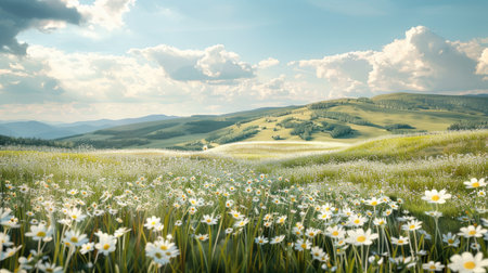 Picturesque hilly landscape with fields of daisies, capturing the essence of springtime beautyの素材