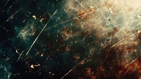Abstract composition of dirty film grain and scratches, capturing the raw and textured beauty of analog film.の素材