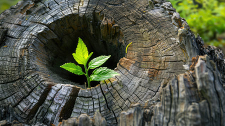 A sapling emerging from the hollow of a dead tree trunk, symbolizing new life and renewal in nature.の素材