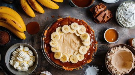 A Banoffee Pie in the making, with ingredients like bananas, caramel, and whipped cream laid out around itの素材