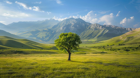 A solitary tree in the center of a verdant meadow, with rolling mountains providing a stunning panorama in the background.の素材