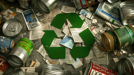 Green recycling symbol surrounded by common recyclable items like tin cans and newspapers, urging individuals to reduce, reuse, and recycleの素材