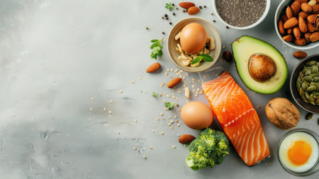 Colorful composition featuring key ingredients of the keto diet: salmon, avocado, eggs, nuts, and seeds, perfect for promoting healthy eating habits.の素材
