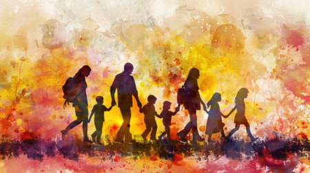 Family journey: Silhouette of parents and children walking away, depicted in an abstract watercolor illustration, symbolizing unity and adventureの素材