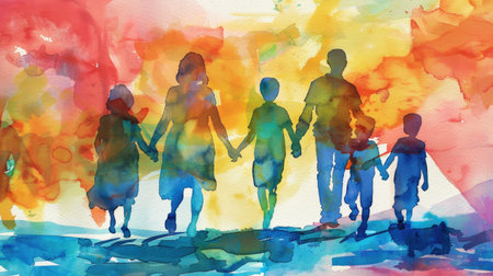 Family journey: Silhouette of parents and children walking away, depicted in an abstract watercolor illustration, symbolizing unity and adventureの素材