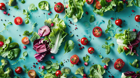 Vibrant vegetable salad elements cascading against a soothing teal background, inviting a taste of nature's bounty and culinary creativityの素材