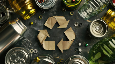 Recycling emblem surrounded by recyclable materials such as glass jars and aluminum cans, advocating for environmental responsibilityの素材