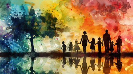 Family silhouette: Parents and children walking away in a beautifully abstract watercolor art concept, highlighting family bondsの素材