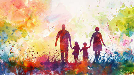 Family silhouette: Parents and children walking away in a beautifully abstract watercolor art concept, highlighting family bondsの素材