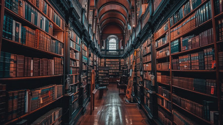 Rows of books neatly stacked in a library, showcasing the beauty of orderliness and knowledge awaiting explorationの素材