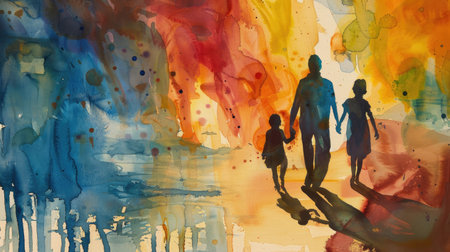 Artistic unity: Abstract watercolor scene with the silhouettes of parents and children walking away, evoking a sense of family and connectionの素材
